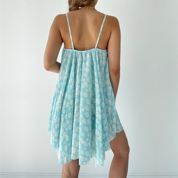 NEW ZARA Pleated Baby Floral Blue Camisole Style Mini Dress, Size L - Picture 5 of 16